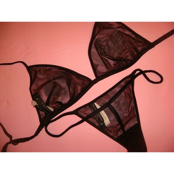 Victoria's Secret M BRALETTE BRA SET+thong+TEDDY BLACK mesh heart CRYSTALLIZED - Picture 2 of 7